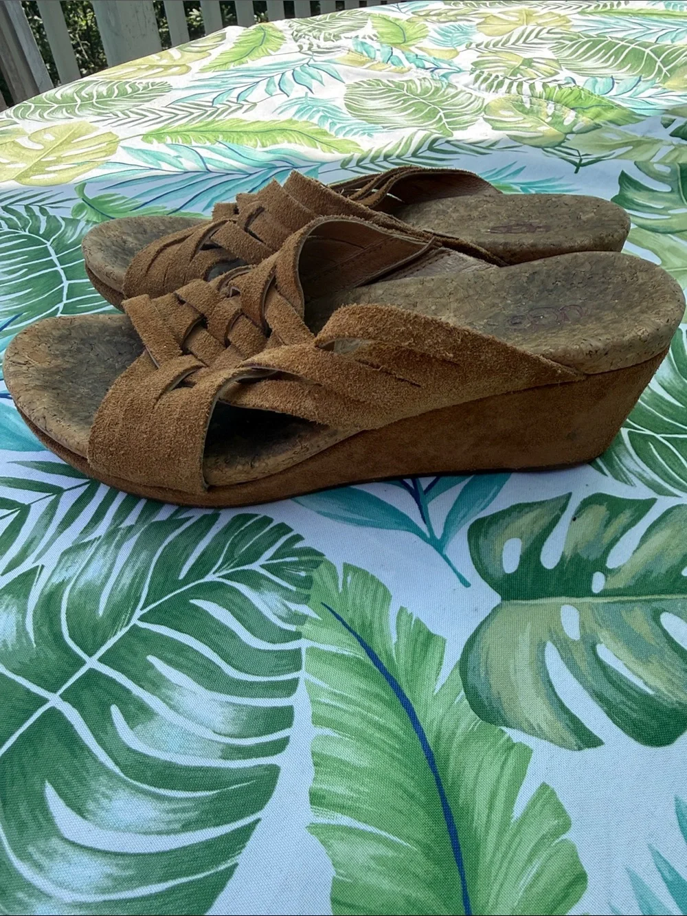 UGG cork wedge leather criss cross sandals sz 8 brown